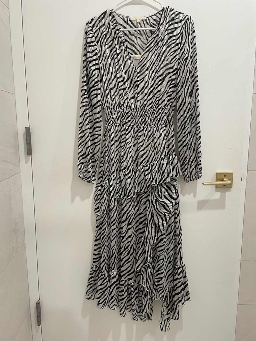 Maje Zebra Print Long Sleeve Tiered Maxi Dress - Black & White